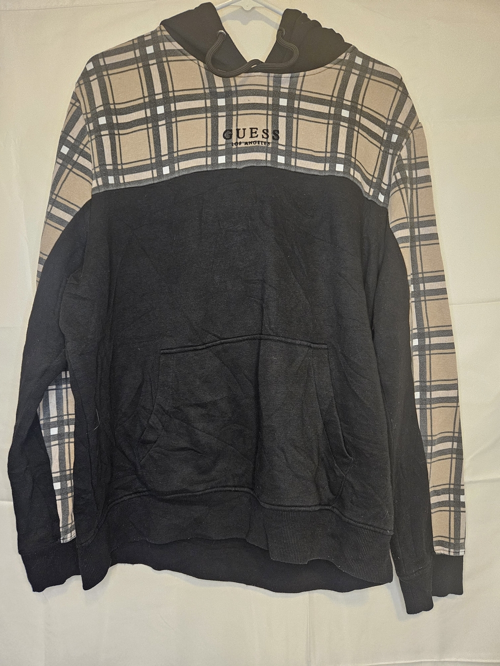 GUESS Men's Colorblock Black Hoodie Beige Plaid Accents Large